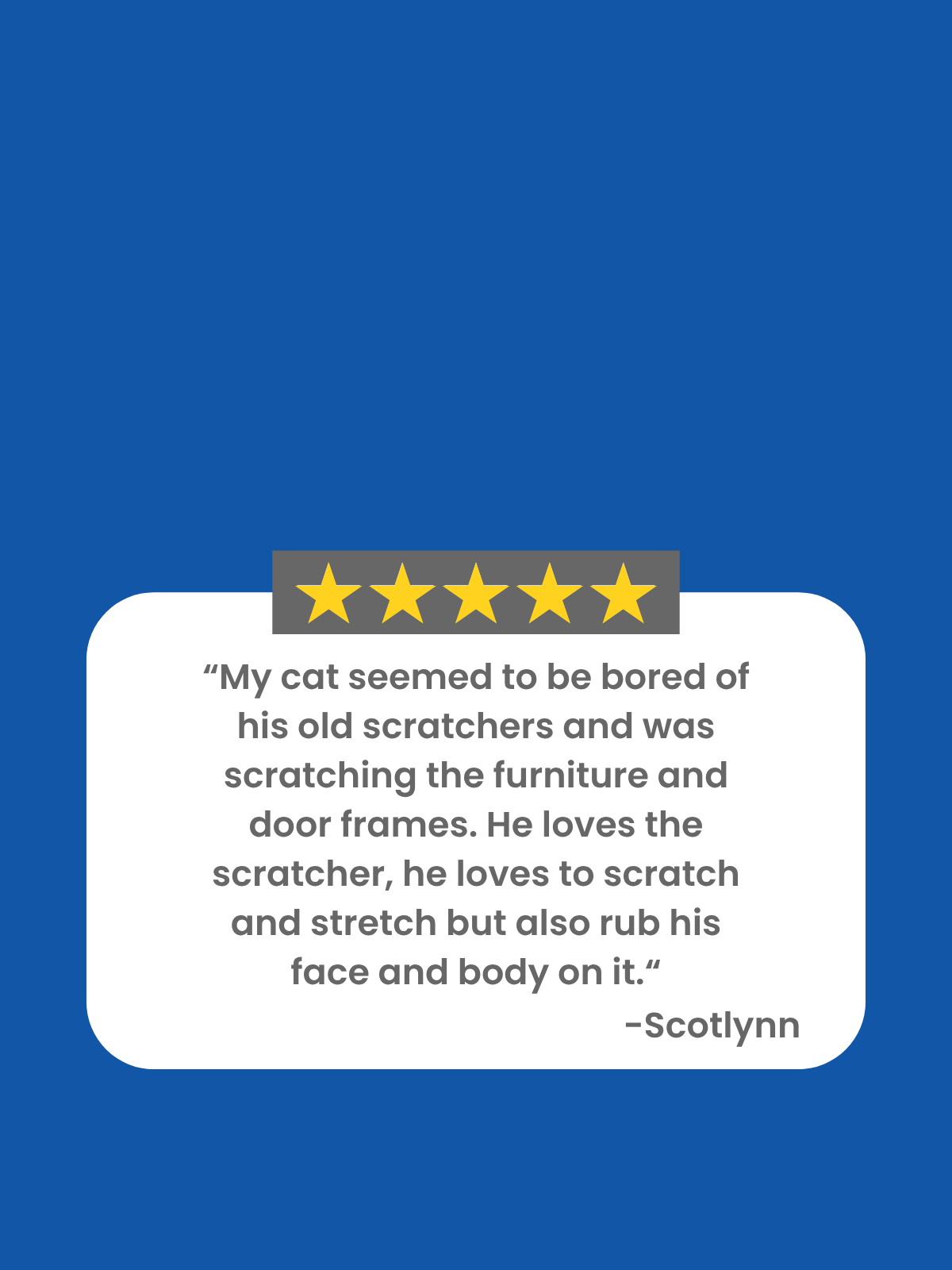 A blue graphic with a white rounded rectangle containing a five-star rating and a quote attributed to Scotlynn about her cat liking Jack's Scratcher.