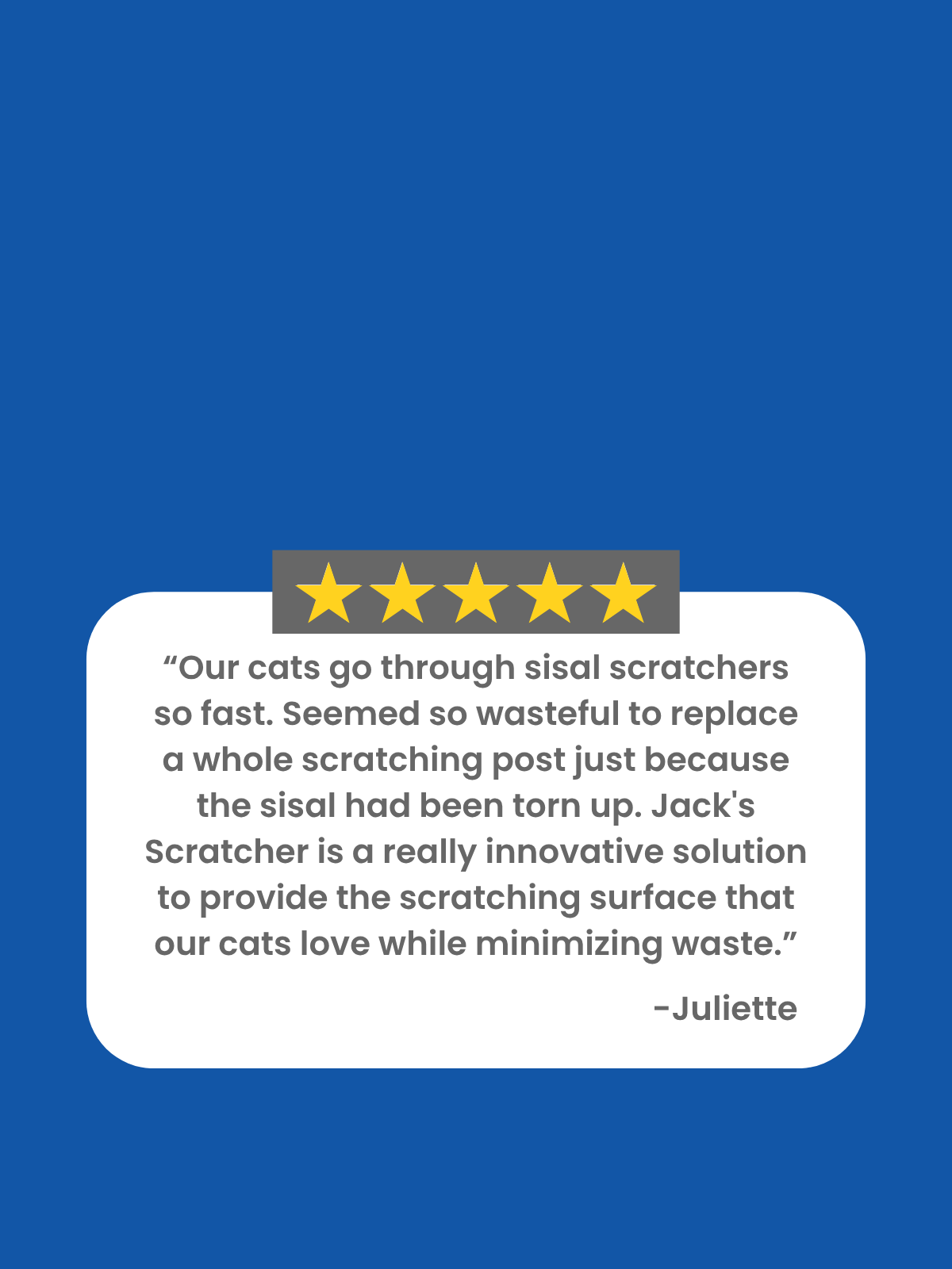 A blue promotional graphic with a white rounded rectangle containing a customer review quote and a five-star rating bar about a product called Jack's Scratcher.