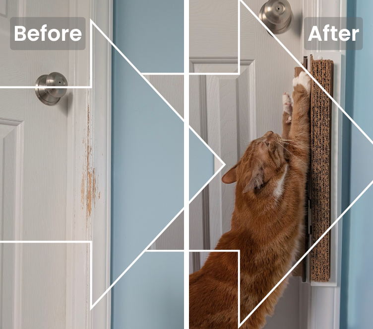 Graphic showing a door frame before picture with cat scratches and a door frame after picture with a scratcher installed on the door frame and a cat using the scratcher