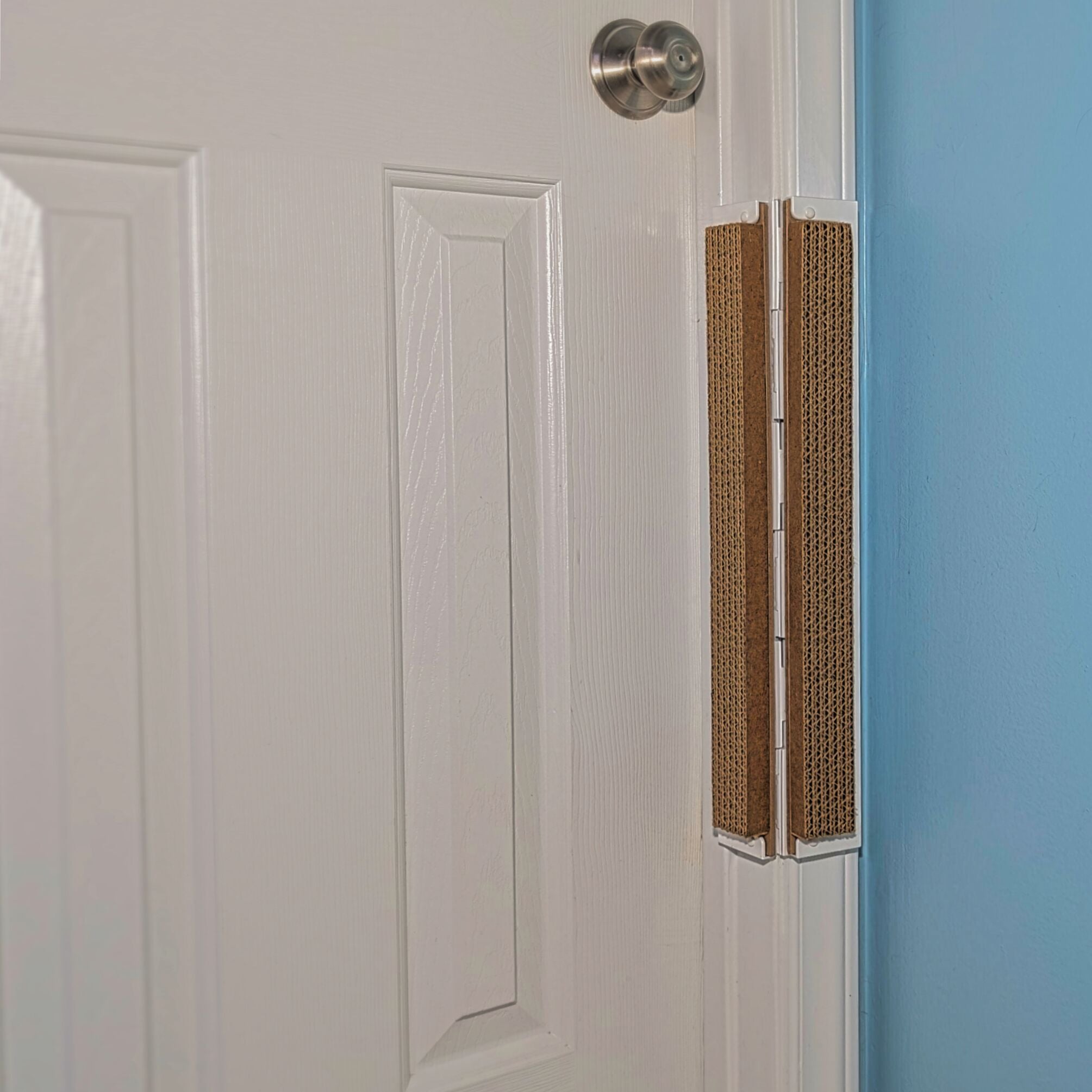 Cardboard Jack's Scratcher installed on a white door frame with a white door and blue wall.