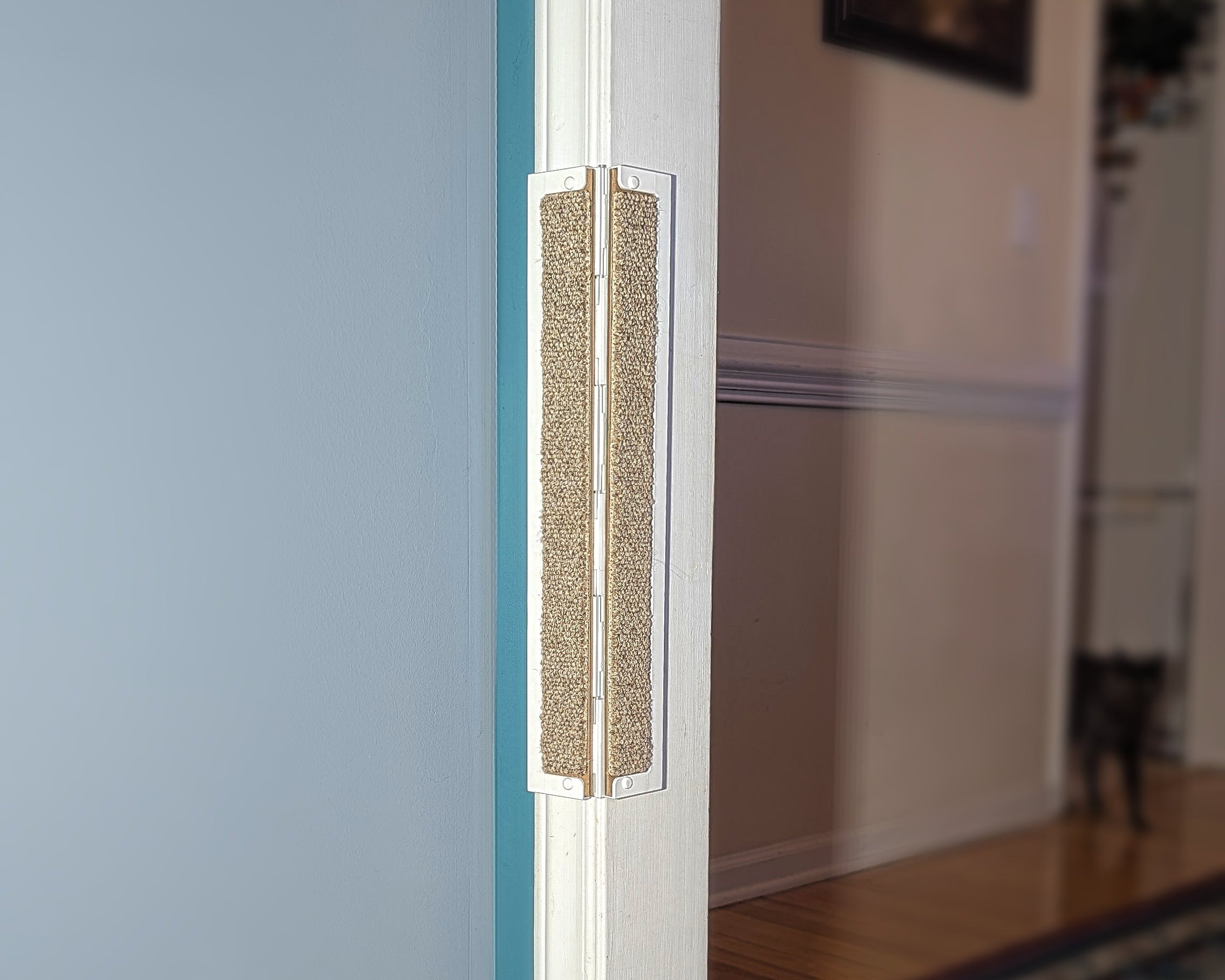 Close-up of Jack's Scratcher with carpet inserts installed on a door jamb.
