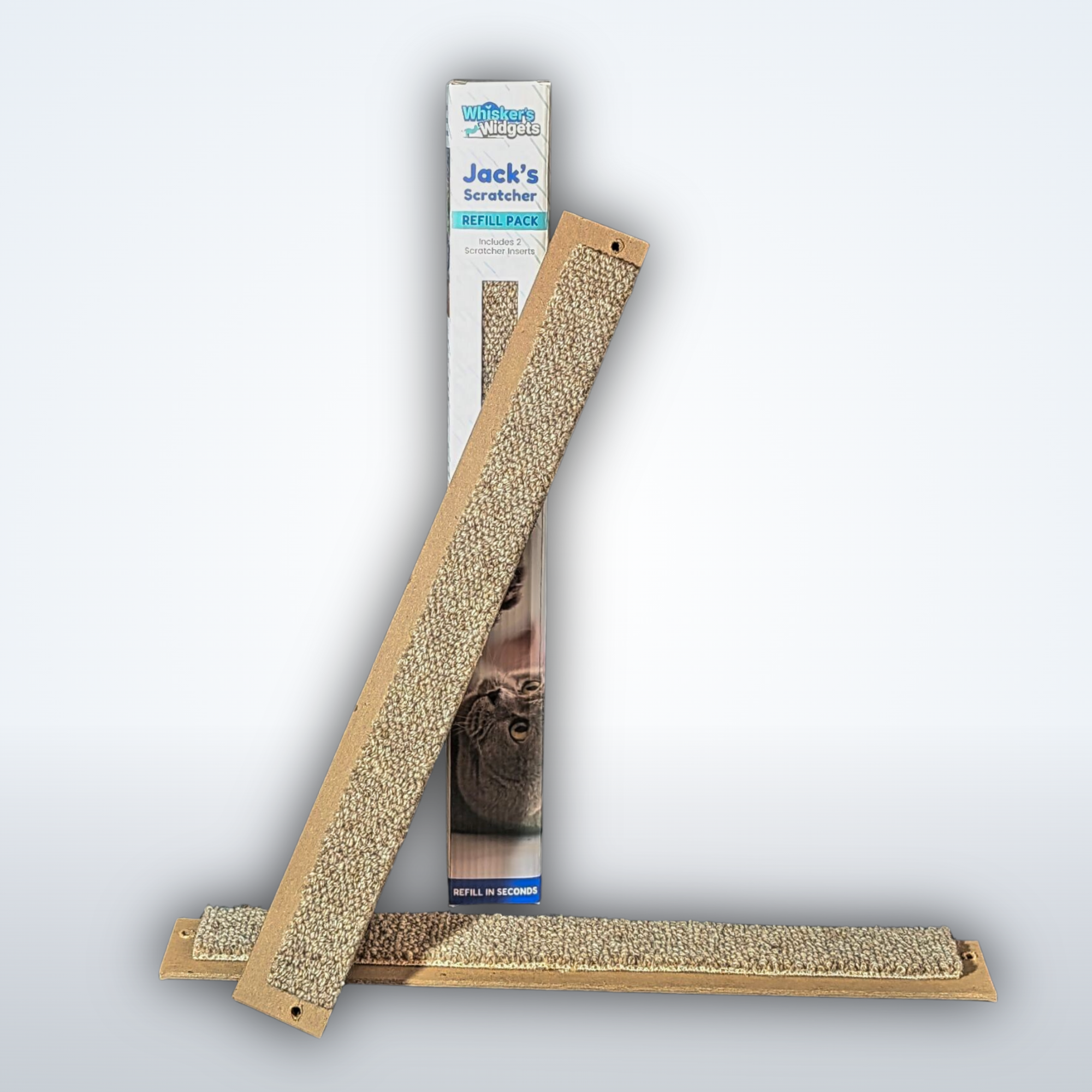 Two Jack's Scratcher carpet inserts with packaging on a light gray background.