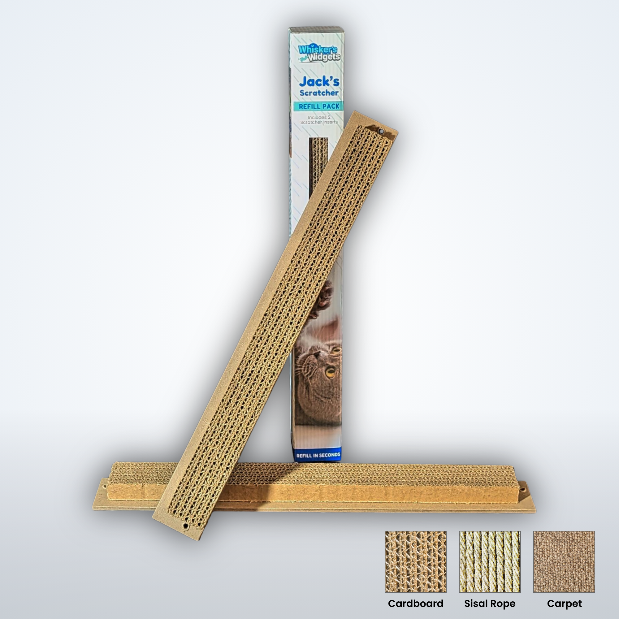 Two Jack's Scratcher cardboard inserts with packaging on a light gray background and material swatches