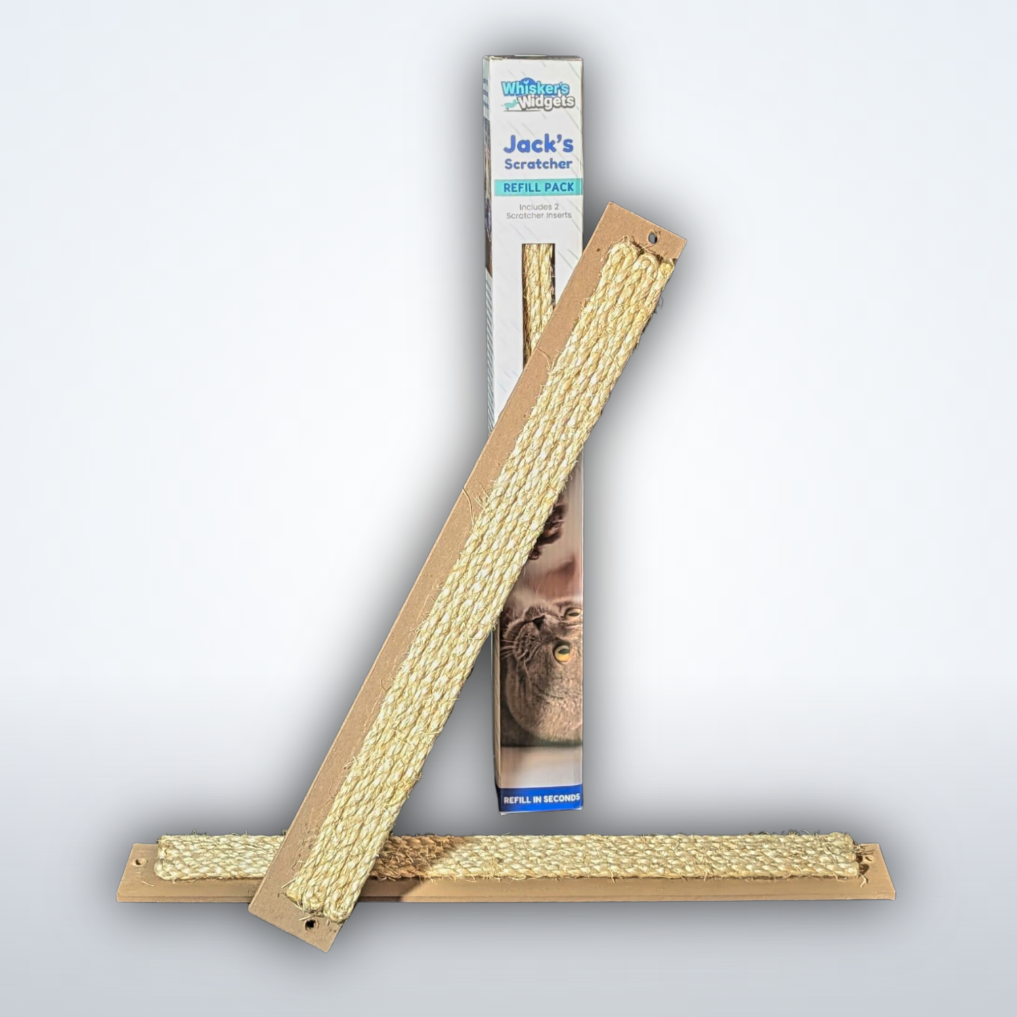 Two Jack's Scratcher sisal inserts with packaging on a light gray background.