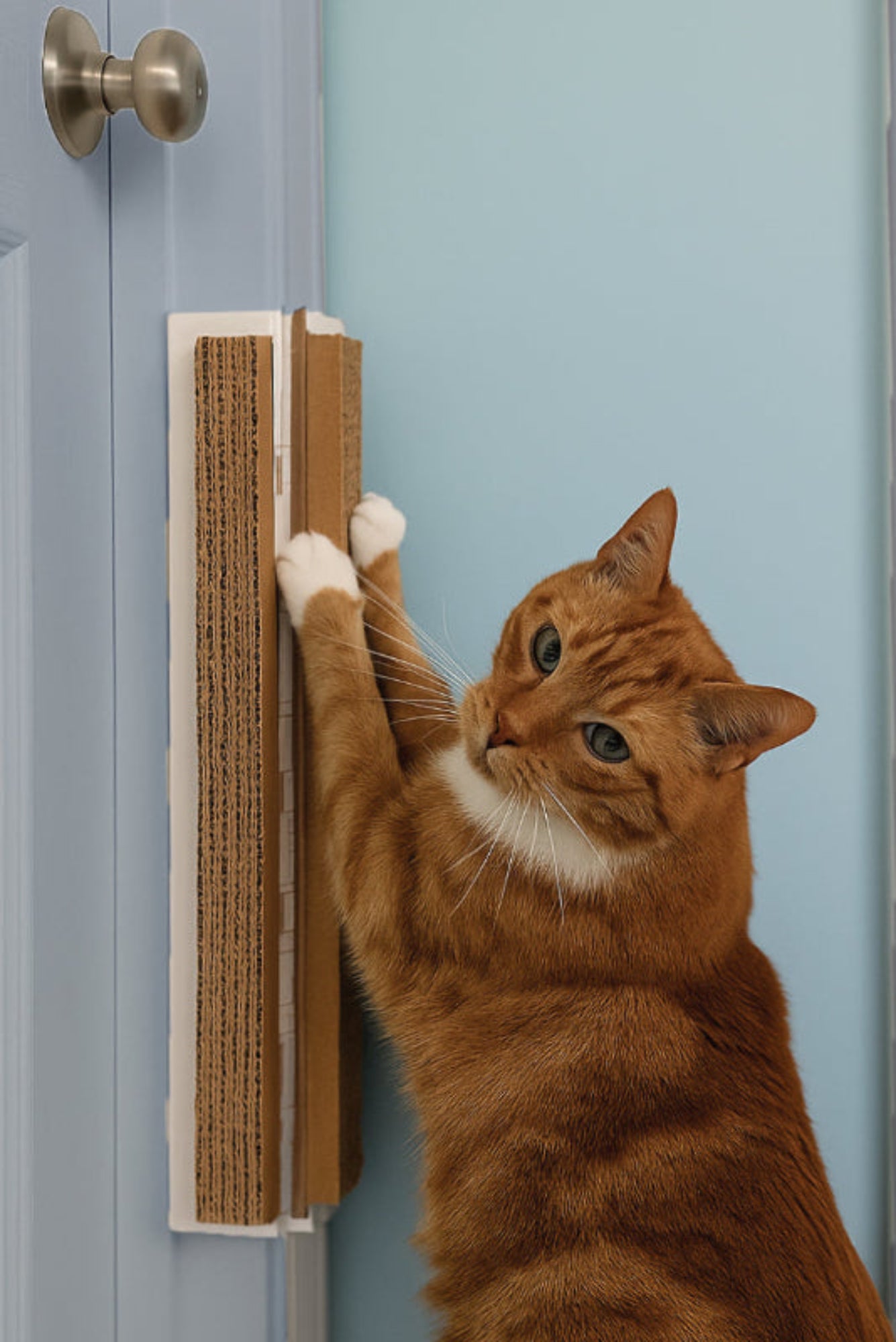 Cat using a cardboard Jack's Scratcher installed on a white door frame with a blue wall