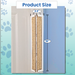 Measurement chart showing dimensions of a Jack's Scratcher with paw prints on a light blue background.