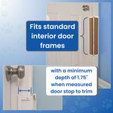 A cat scratcher installed on a white door frame, with overlaid text stating 'Fits standard interior door frames' and 'with a minimum depth of 1.75" when measured door stop to trim.