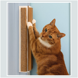 Orange cat using Jack's Scratcher against a blue wall.