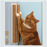 An orange tabby cat with white paws scratching against a tall cardboard cat scratcher mounted on a door frame.  The photo has a small inset on the left shows material swatches labeled cardboard, sisal rope, and carpet.