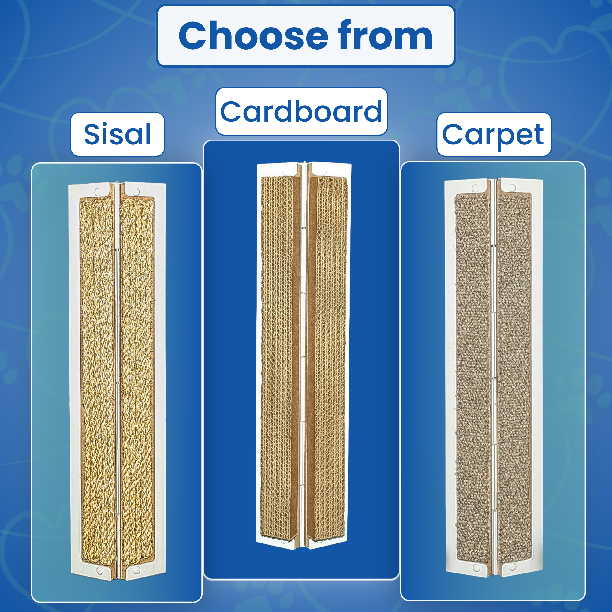 Three Jack's Scratchers, each with a different kind of scratching material - sisal, cardboard, carpet